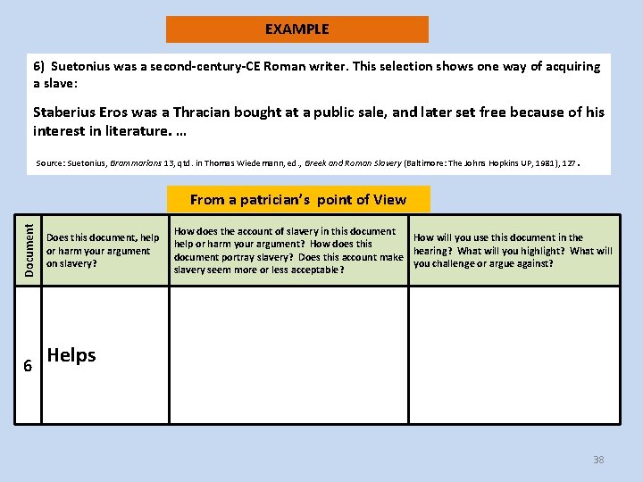 EXAMPLE 6) Suetonius was a second-century-CE Roman writer. This selection shows one way of
