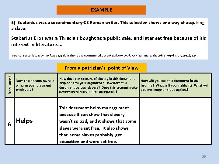 EXAMPLE 6) Suetonius was a second-century-CE Roman writer. This selection shows one way of