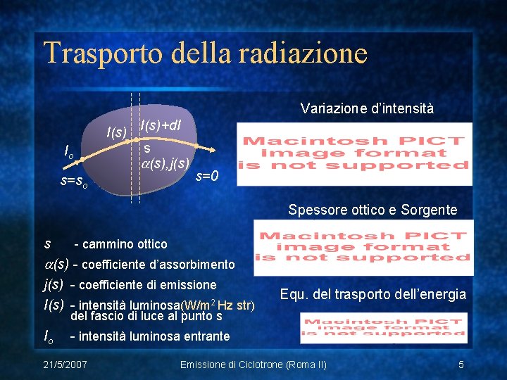 Trasporto della radiazione Variazione d’intensità I(s)+d. I s (s), j(s) Io s=so s=0 Spessore