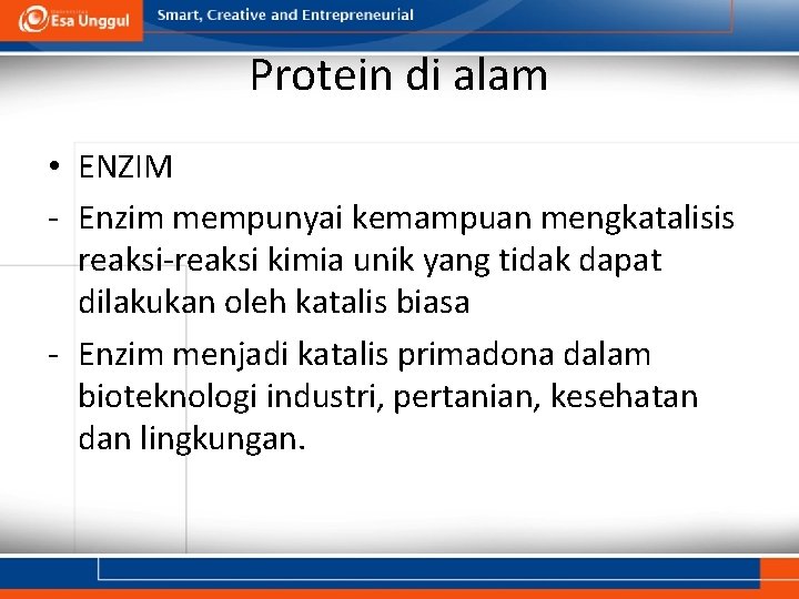 Protein di alam • ENZIM - Enzim mempunyai kemampuan mengkatalisis reaksi-reaksi kimia unik yang