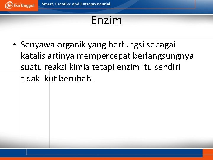 Enzim • Senyawa organik yang berfungsi sebagai katalis artinya mempercepat berlangsungnya suatu reaksi kimia