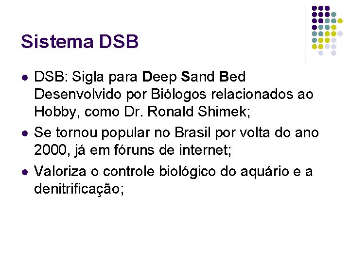 Sistema DSB l l l DSB: Sigla para Deep Sand Bed Desenvolvido por Biólogos