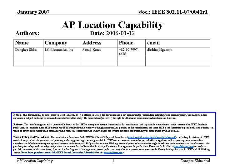 January 2007 Authors: doc. : IEEE 802. 11 -07/0041 r 1 AP Location Capability