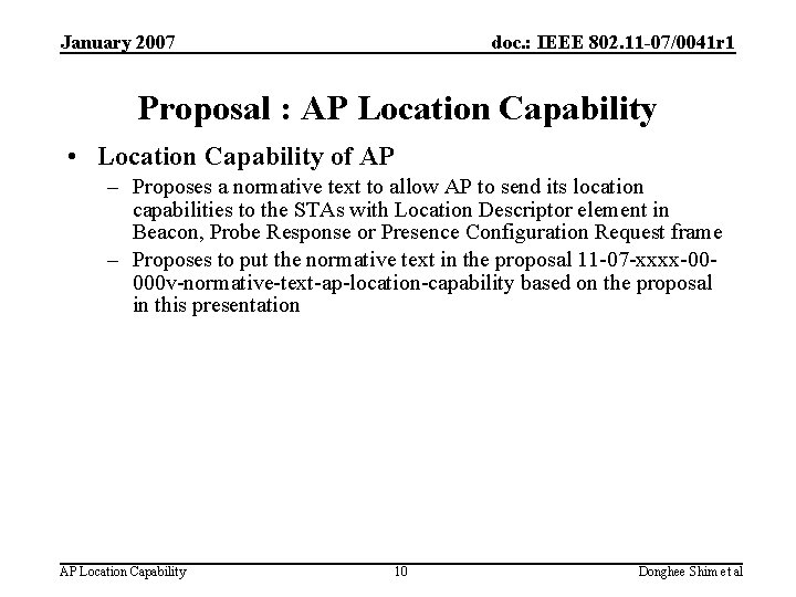 January 2007 doc. : IEEE 802. 11 -07/0041 r 1 Proposal : AP Location