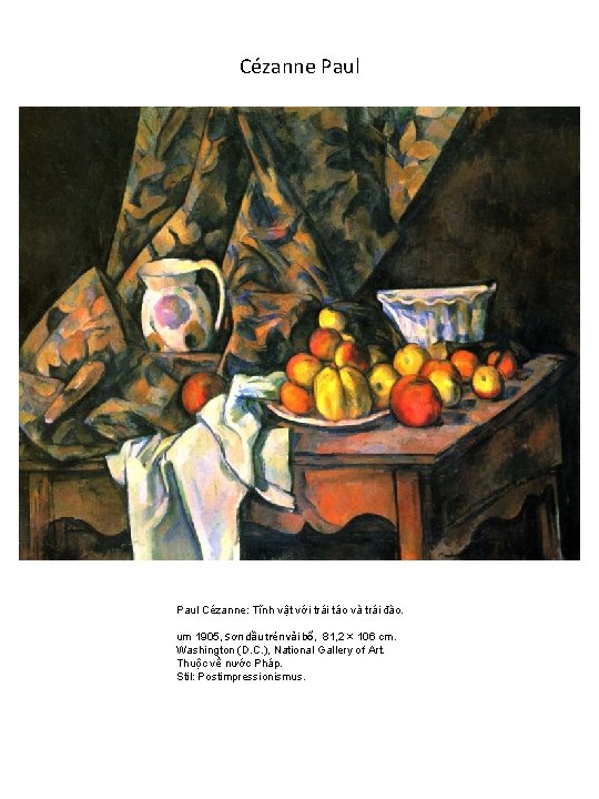 Cézanne Paul Cézanne: Tĩnh vật với trái táo và trái đào. um 1905, Sơn