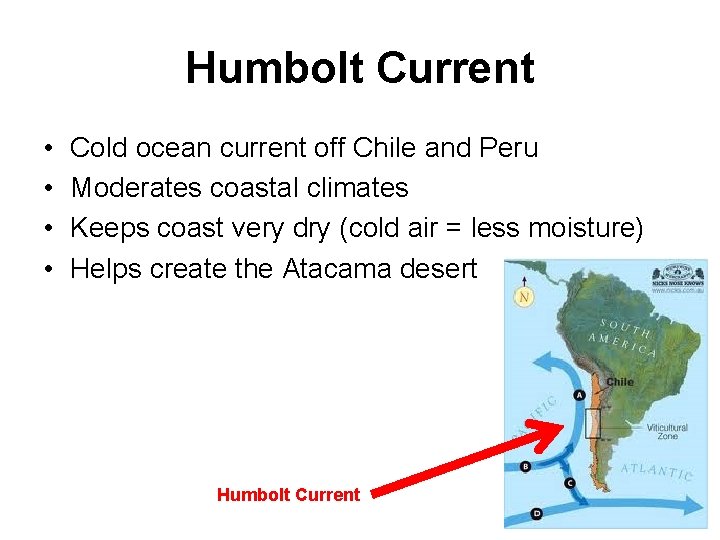 Humbolt Current • • Cold ocean current off Chile and Peru Moderates coastal climates