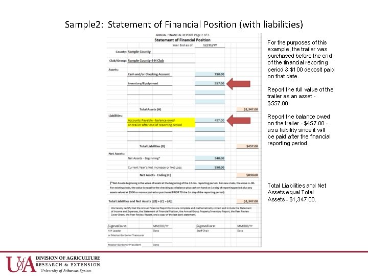 Sample 2: Statement of Financial Position (with liabilities) For the purposes of this example,