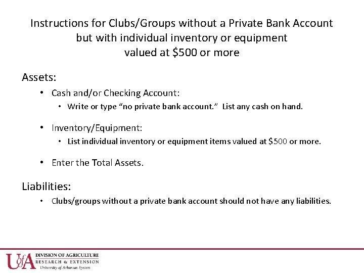 Instructions for Clubs/Groups without a Private Bank Account but with individual inventory or equipment