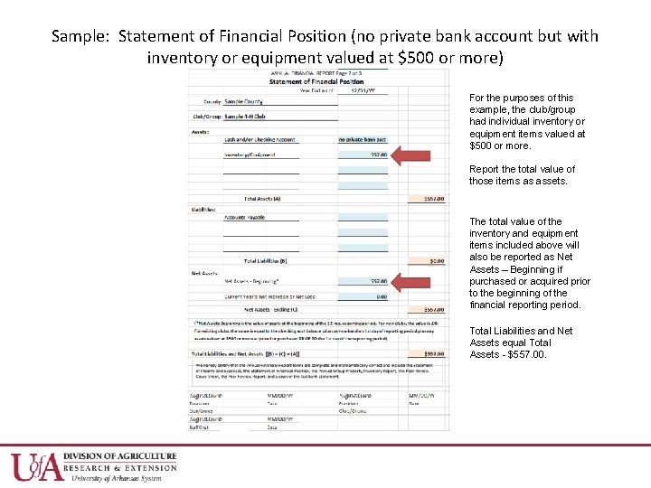 Sample: Statement of Financial Position (no private bank account but with inventory or equipment