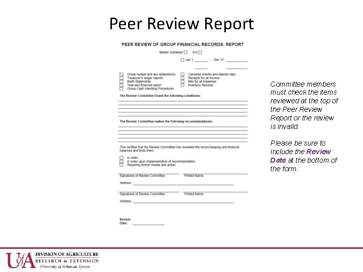 Peer Review Report Committee members must check the items reviewed at the top of