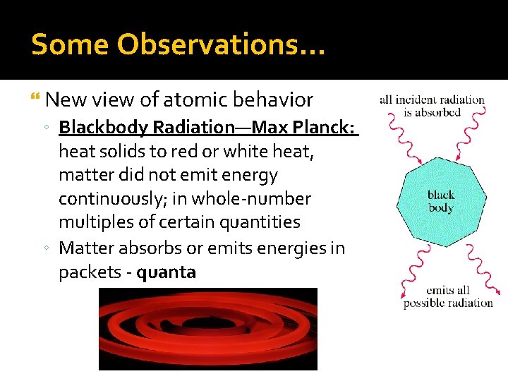 Some Observations… New view of atomic behavior ◦ Blackbody Radiation—Max Planck: heat solids to