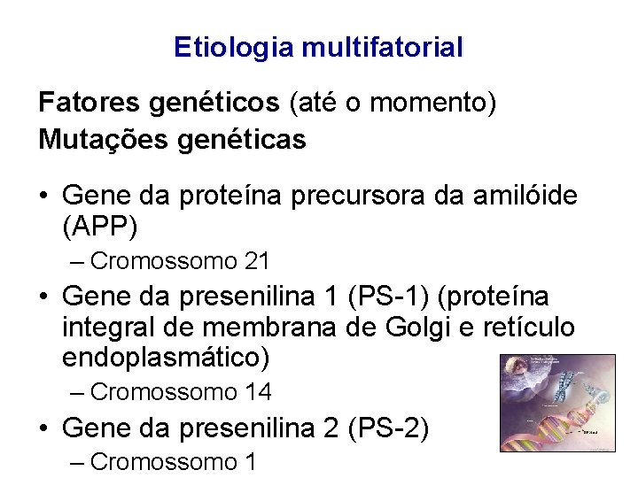 Etiologia multifatorial Fatores genéticos (até o momento) Mutações genéticas • Gene da proteína precursora