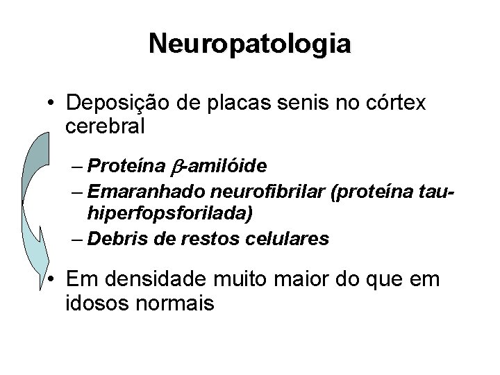 Neuropatologia • Deposição de placas senis no córtex cerebral – Proteína -amilóide – Emaranhado