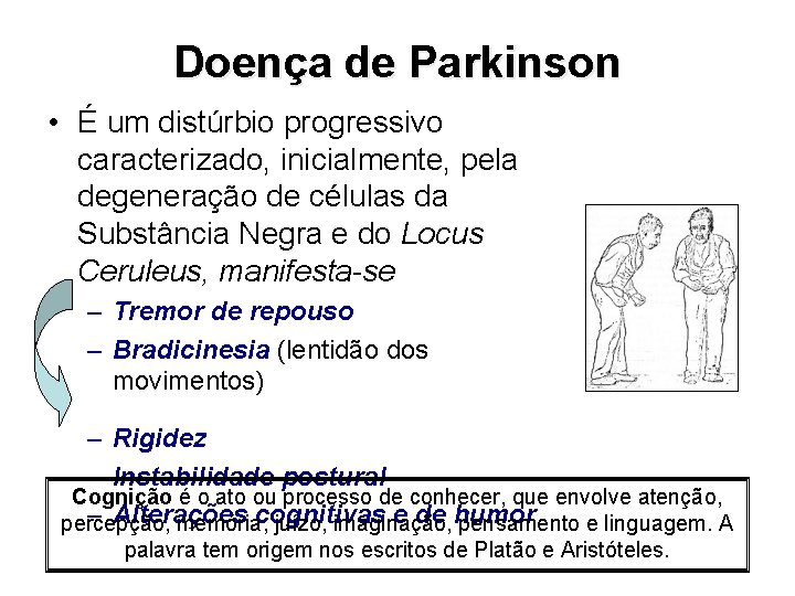 Doença de Parkinson • É um distúrbio progressivo caracterizado, inicialmente, pela degeneração de células