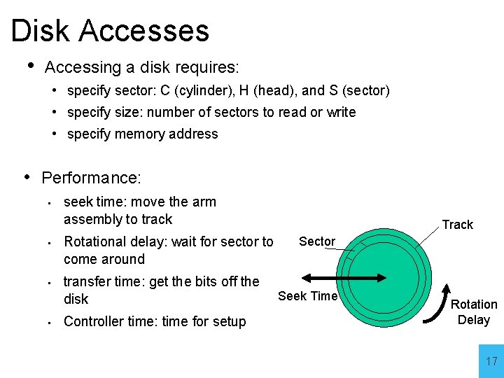 Disk Accesses • Accessing a disk requires: • specify sector: C (cylinder), H (head),