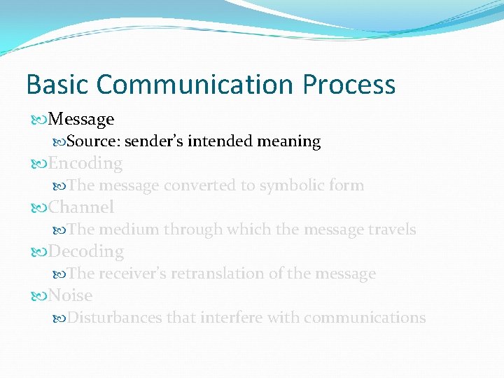 Basic Communication Process Message Source: sender’s intended meaning Encoding The message converted to symbolic