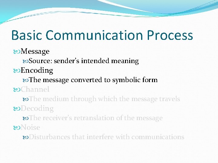 Basic Communication Process Message Source: sender’s intended meaning Encoding The message converted to symbolic