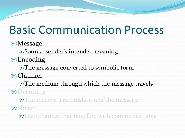Basic Communication Process Message Source: sender’s intended meaning Encoding The message converted to symbolic