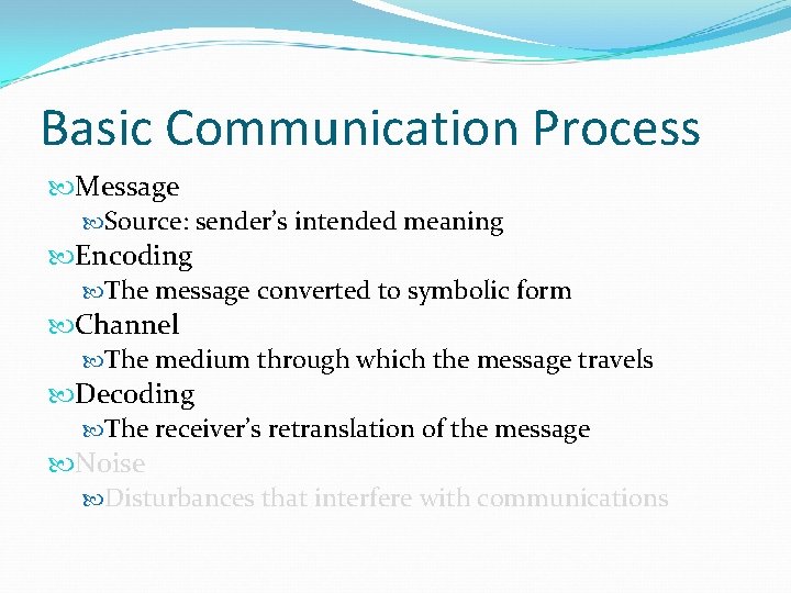 Basic Communication Process Message Source: sender’s intended meaning Encoding The message converted to symbolic