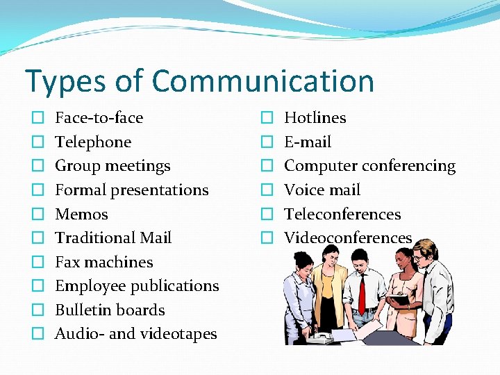 Types of Communication � � � � � Face-to-face Telephone Group meetings Formal presentations