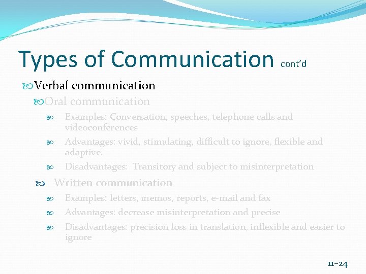 Types of Communication cont’d Verbal communication Oral communication Examples: Conversation, speeches, telephone calls and