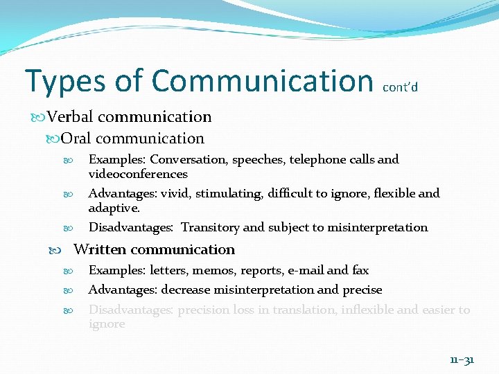 Types of Communication cont’d Verbal communication Oral communication Examples: Conversation, speeches, telephone calls and