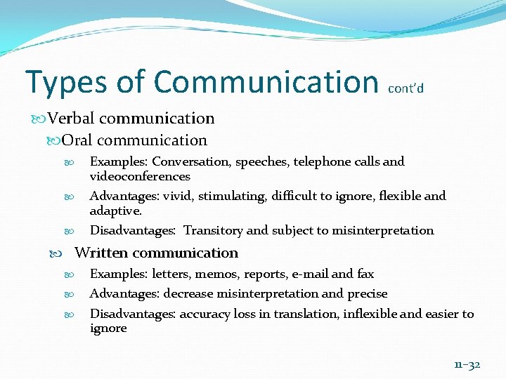 Types of Communication cont’d Verbal communication Oral communication Examples: Conversation, speeches, telephone calls and