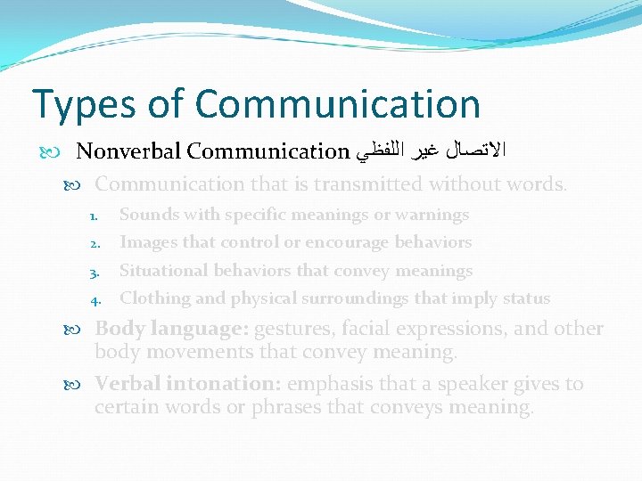 Types of Communication Nonverbal Communication ﺍﻻﺗﺼﺎﻝ ﻏﻴﺮ ﺍﻟﻠﻔﻈﻲ Communication that is transmitted without words. Types of Communication Nonverbal Communication ﺍﻻﺗﺼﺎﻝ ﻏﻴﺮ ﺍﻟﻠﻔﻈﻲ Communication that is transmitted without words.