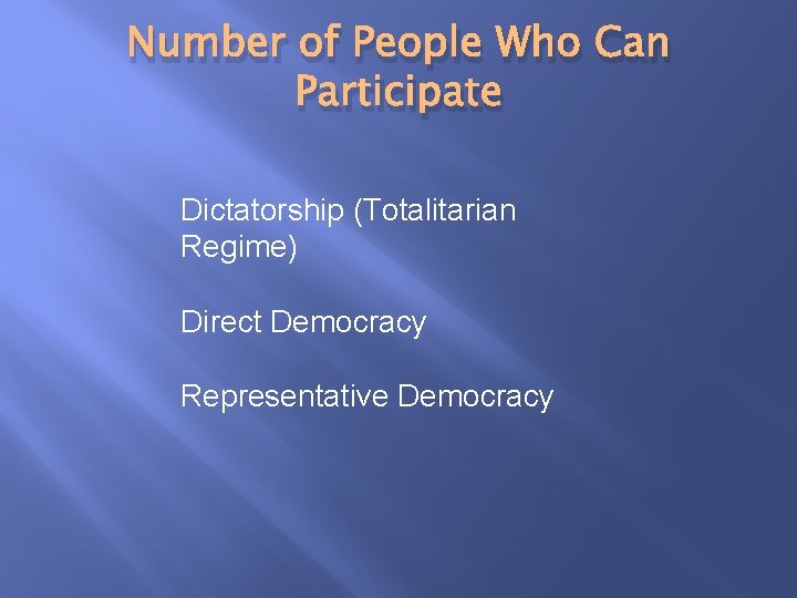 Number of People Who Can Participate Dictatorship (Totalitarian Regime) Direct Democracy Representative Democracy 