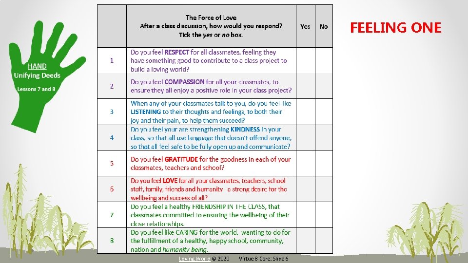 FEELING ONE Loving World © 2020 Virtue 8 Care: Slide 6 