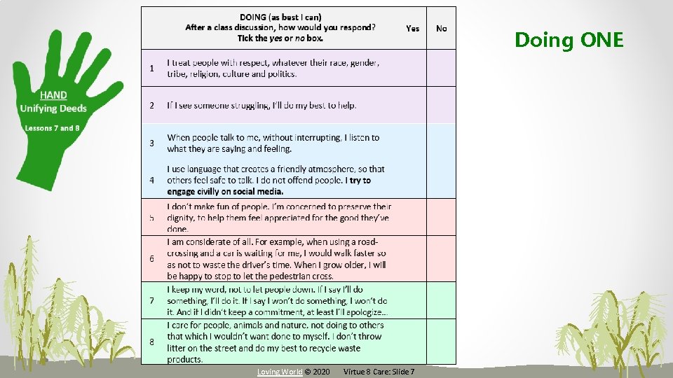 Doing ONE Loving World © 2020 Virtue 8 Care: Slide 7 