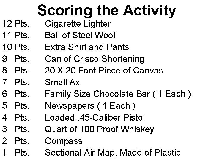 Scoring the Activity 12 Pts. 11 Pts. 10 Pts. 9 Pts. 8 Pts. 7