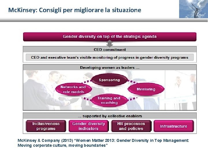 Mc. Kinsey: Consigli per migliorare la situazione Mc. Kinsey & Company (2013) “Women Matter