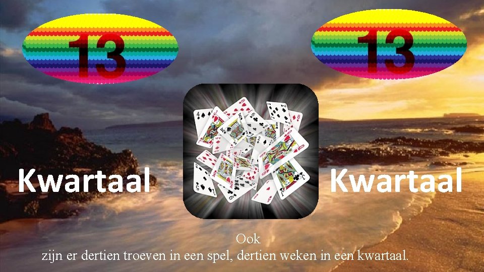 Kwartaal Ook zijn er dertien troeven in een spel, dertien weken in een kwartaal.