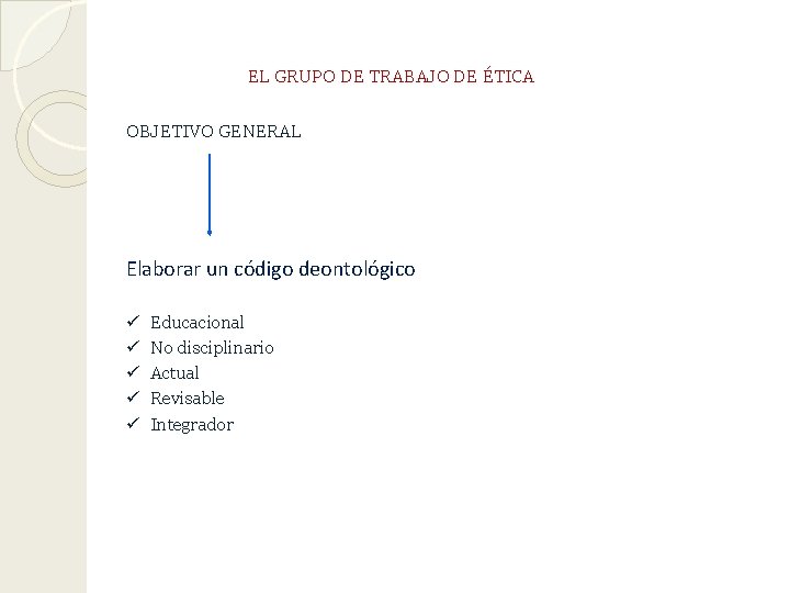 EL GRUPO DE TRABAJO DE ÉTICA OBJETIVO GENERAL Elaborar un código deontológico ü ü