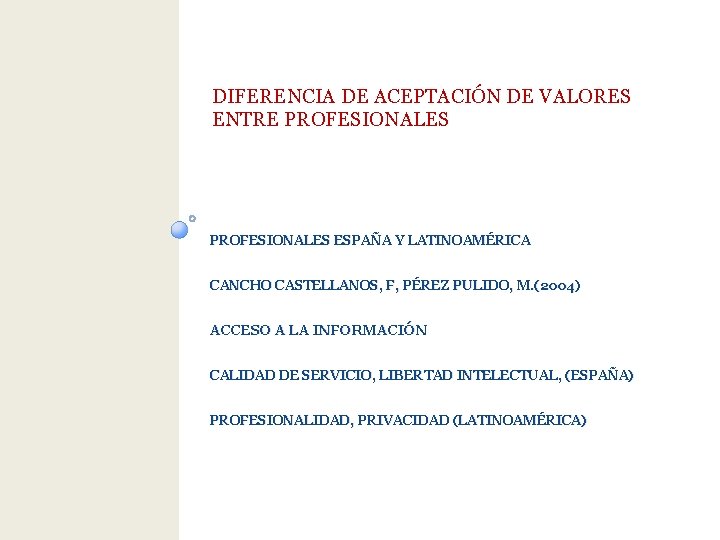 DIFERENCIA DE ACEPTACIÓN DE VALORES ENTRE PROFESIONALES ESPAÑA Y LATINOAMÉRICA CANCHO CASTELLANOS, F, PÉREZ