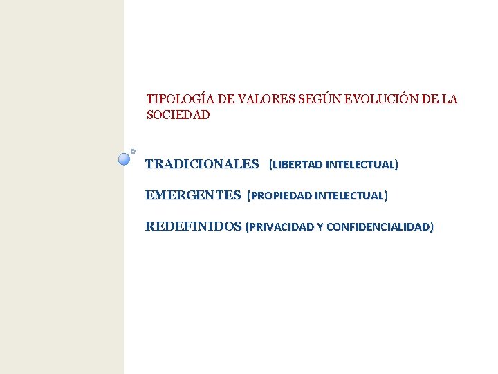 TIPOLOGÍA DE VALORES SEGÚN EVOLUCIÓN DE LA SOCIEDAD TRADICIONALES (LIBERTAD INTELECTUAL) EMERGENTES (PROPIEDAD INTELECTUAL)