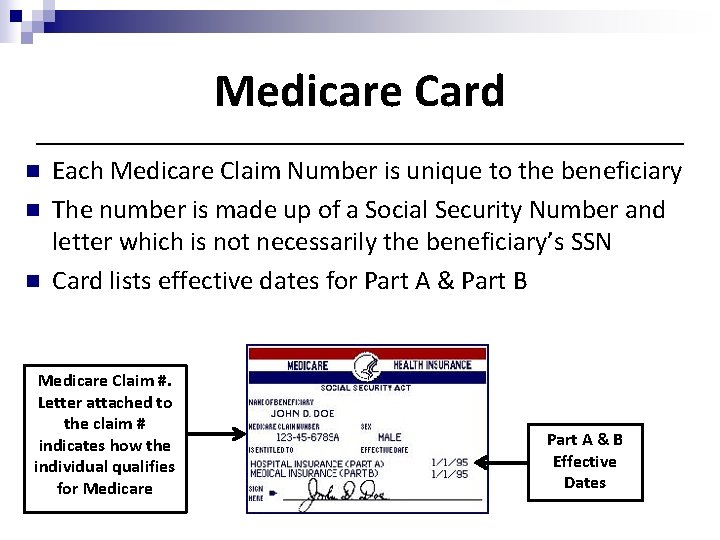 Medicare Card n n n Each Medicare Claim Number is unique to the beneficiary