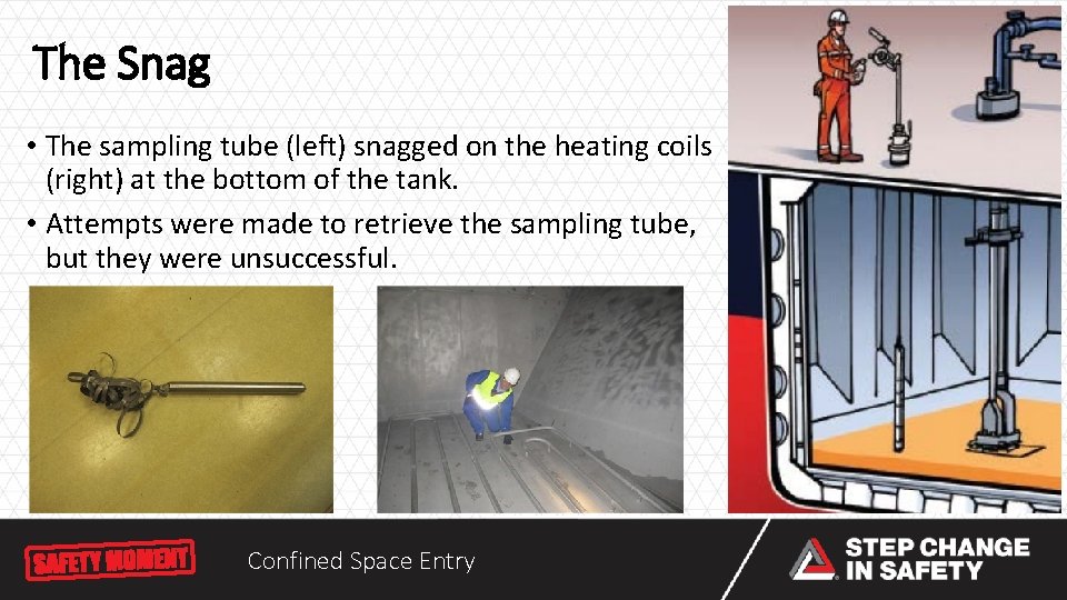 The Snag • The sampling tube (left) snagged on the heating coils (right) at The Snag • The sampling tube (left) snagged on the heating coils (right) at