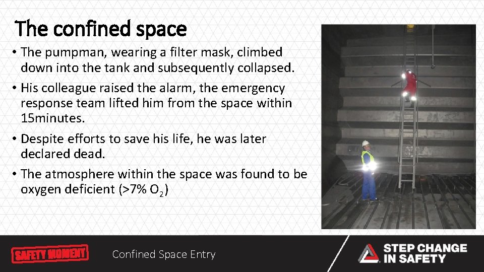 The confined space • The pumpman, wearing a filter mask, climbed down into the The confined space • The pumpman, wearing a filter mask, climbed down into the