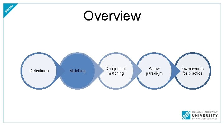 Overview Definitions Matching Critiques of matching A new paradigm Frameworks for practice 