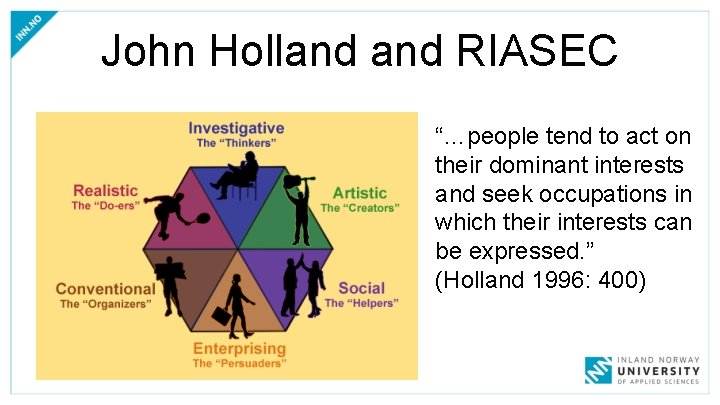 John Holland RIASEC “…people tend to act on their dominant interests and seek occupations