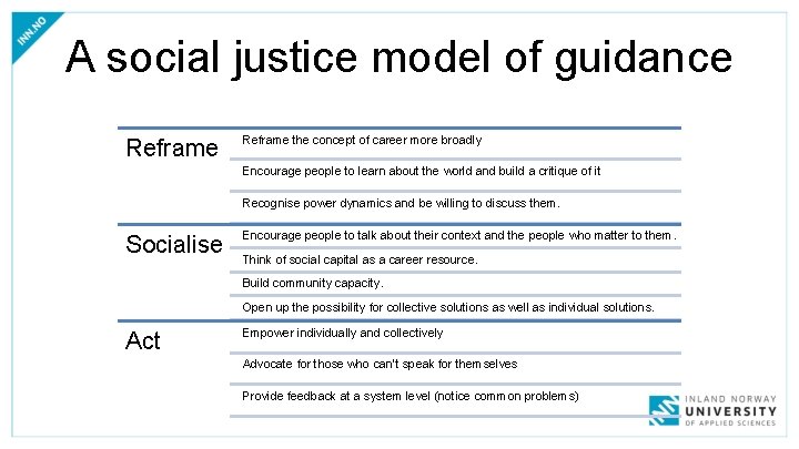 A social justice model of guidance Reframe the concept of career more broadly Encourage