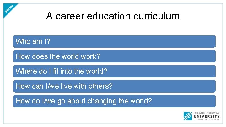 A career education curriculum Who am I? How does the world work? Where do