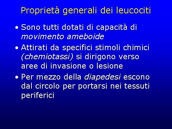 Proprietà generali dei leucociti • Sono tutti dotati di capacità di movimento ameboide •