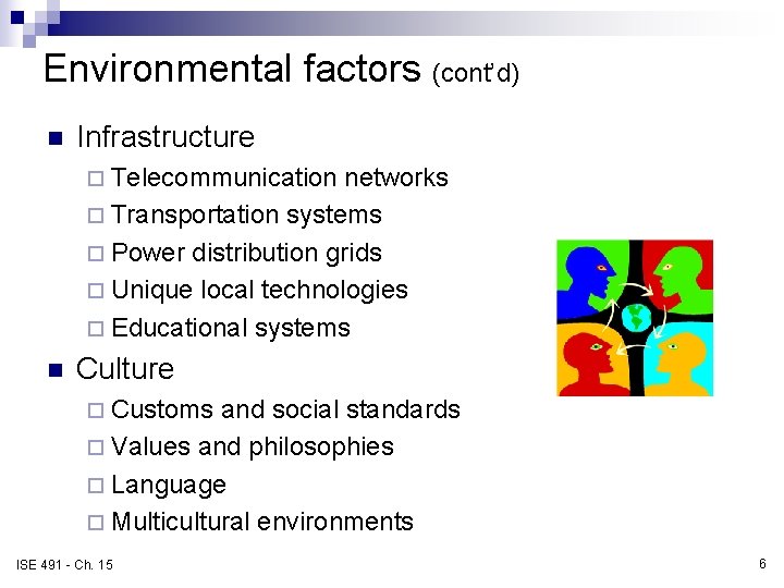 Environmental factors (cont’d) n Infrastructure ¨ Telecommunication networks ¨ Transportation systems ¨ Power distribution