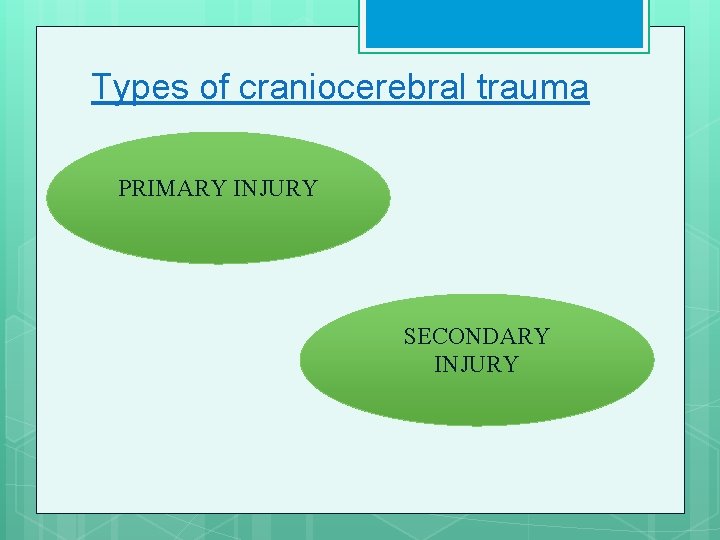 Types of craniocerebral trauma PRIMARY INJURY SECONDARY INJURY 