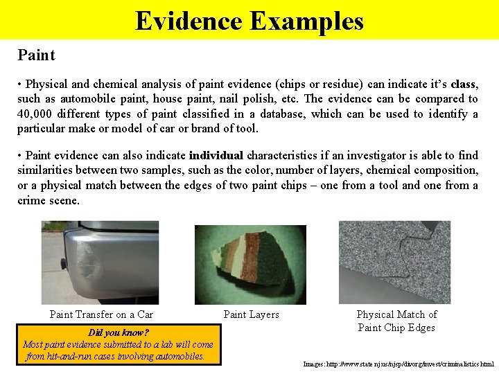 Evidence Examples Paint • Physical and chemical analysis of paint evidence (chips or residue) Evidence Examples Paint • Physical and chemical analysis of paint evidence (chips or residue)