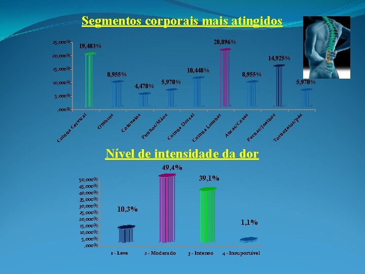 Segmentos corporais mais atingidos 25, 000% 20, 896% 19, 403% 20, 000% 14, 925%