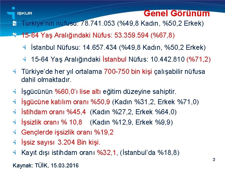 Genel Görünüm Türkiye’nin nüfusu: 78. 741. 053 (%49, 8 Kadın, %50, 2 Erkek) 15